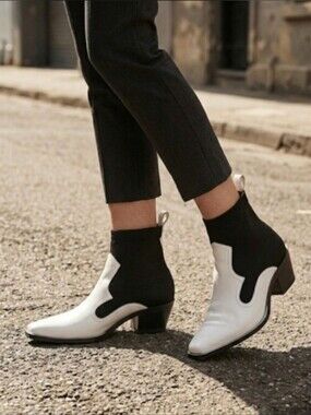 Zara Western Cowboy Sock Ankle Boots Two-tone / Sz 7.5 / White, Black